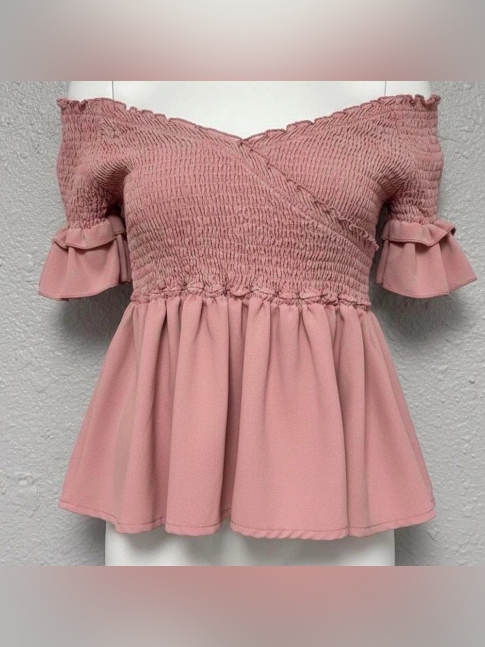 Coquette Fairytale Smocked Off-Shoulder Peplum Top Dusty Rose